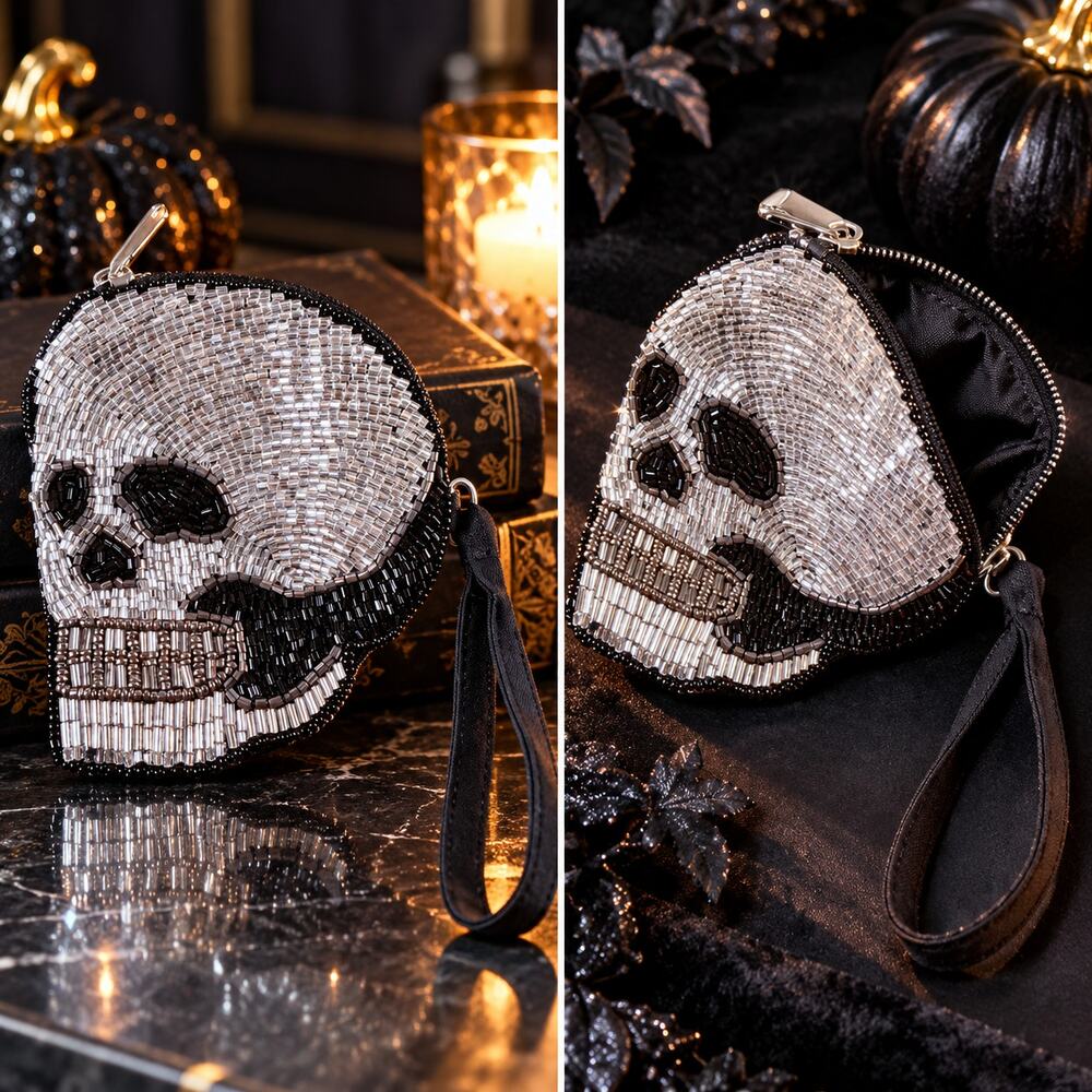 Beaded Skull Coin Purse Wristlet Zip Silver Black Pouch Halloween Gothic